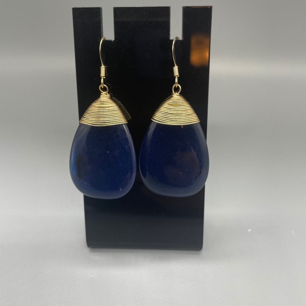 Blue Teardrop Wire Wrapped Dangle Earrings Gold Tone French Hook Navy Cobalt